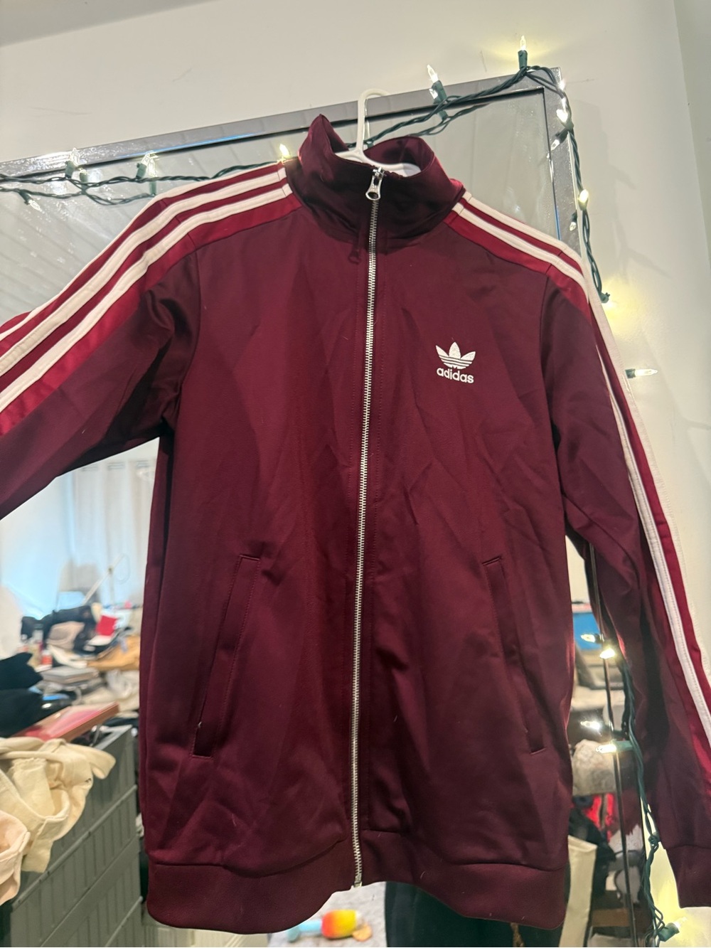 Adidas Track Jacket | Maroon burgundy zip-up with snap sleeves